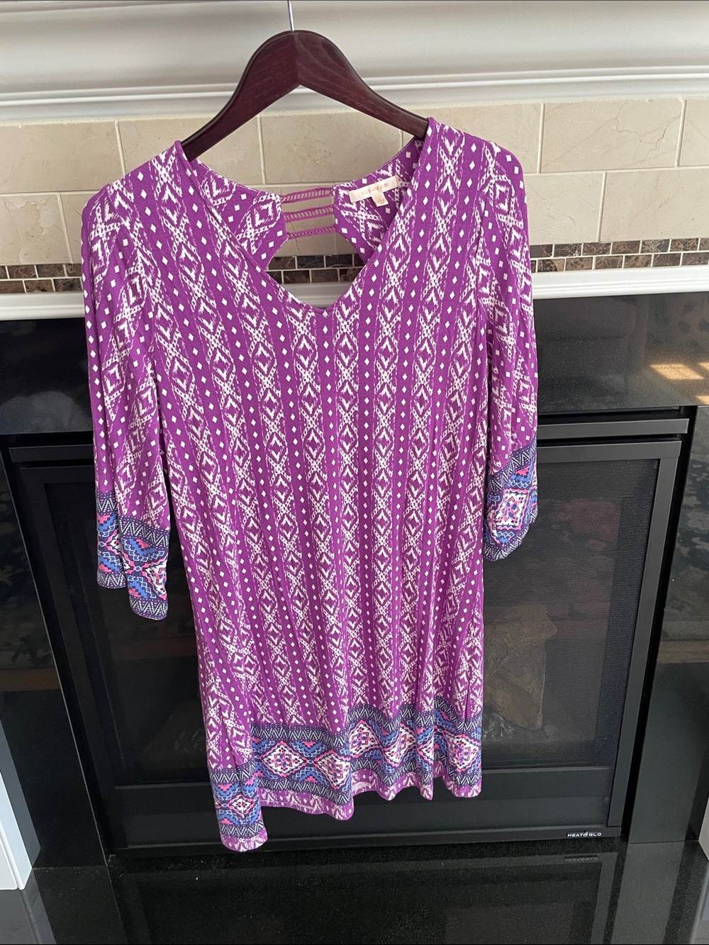 Skies Are Blue Purple Patterned Midi Dress with Border Print